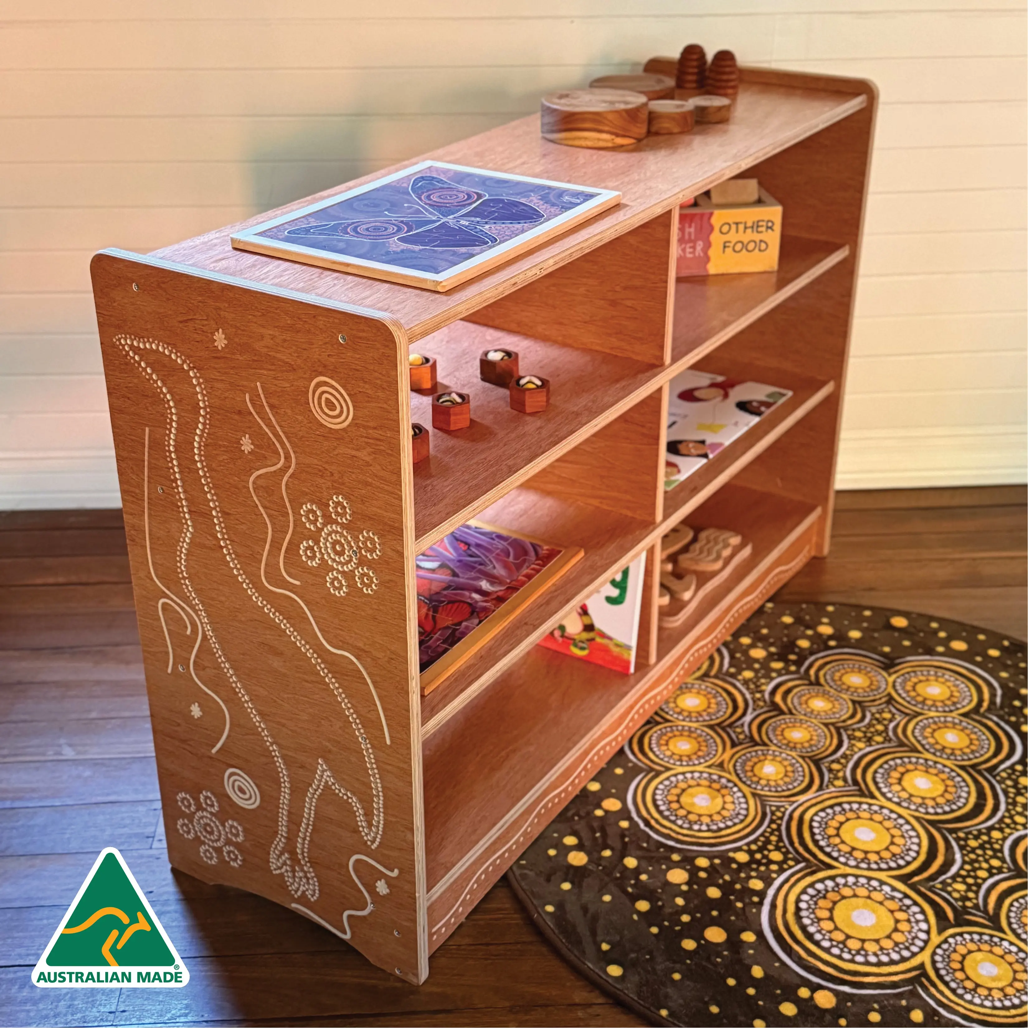 Emu in the Sky – Indigenous Wooden Shelf Unit - 120cm - Image 3
