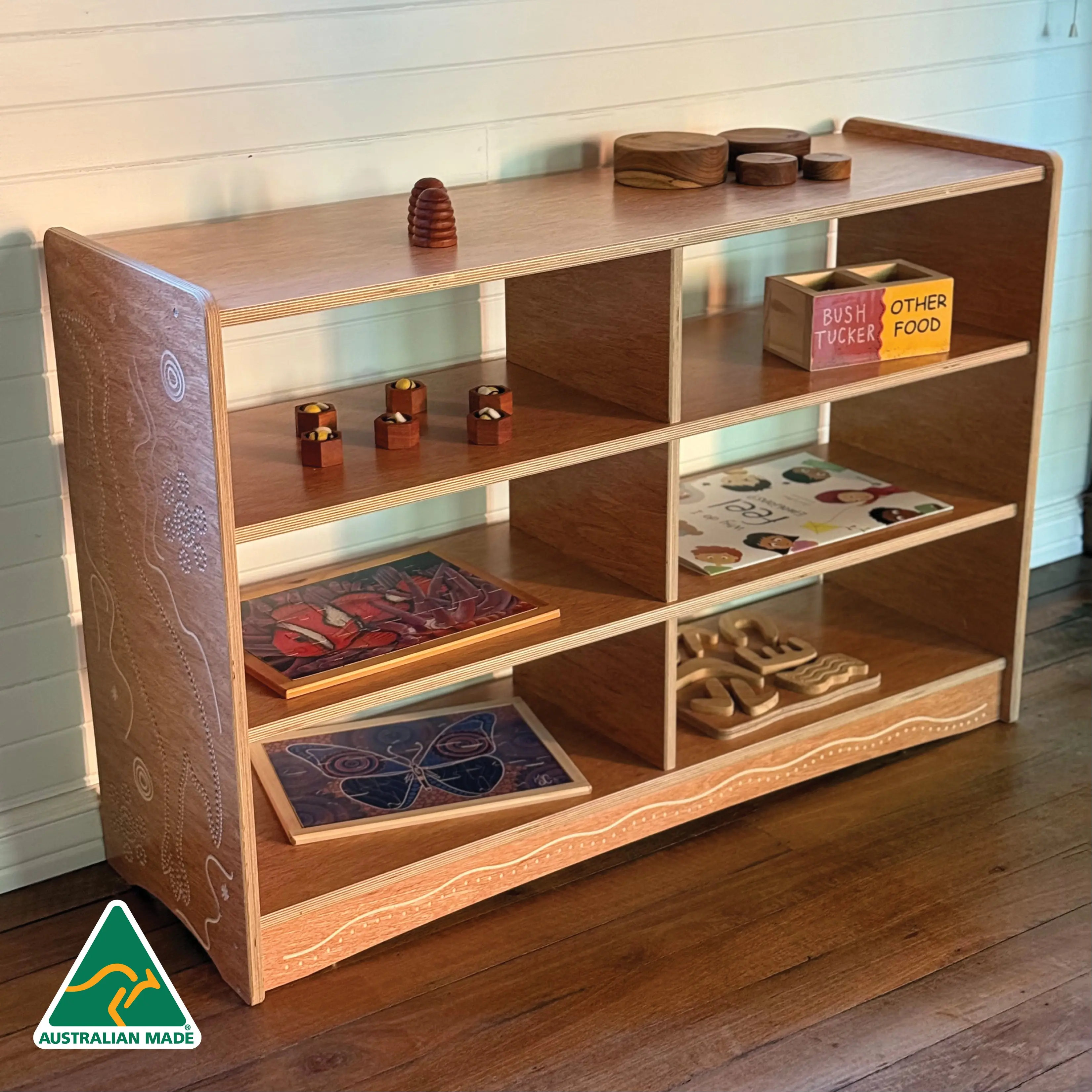 Emu in the Sky – Indigenous Wooden Shelf Unit - 120cm - Image 6